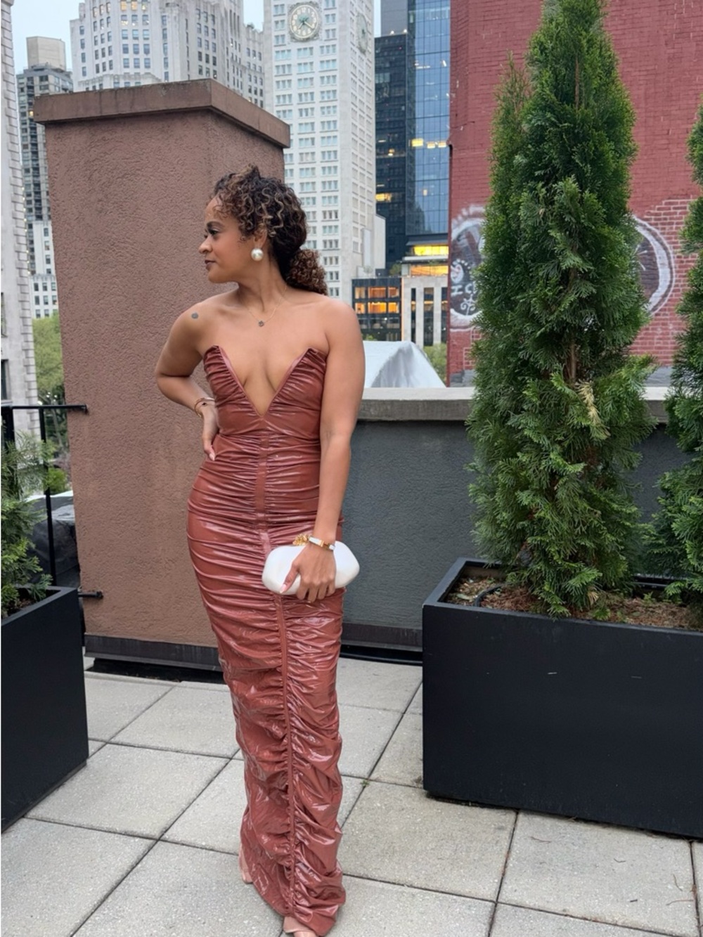 Strapless Ruched Evening Gown in Copper Brown